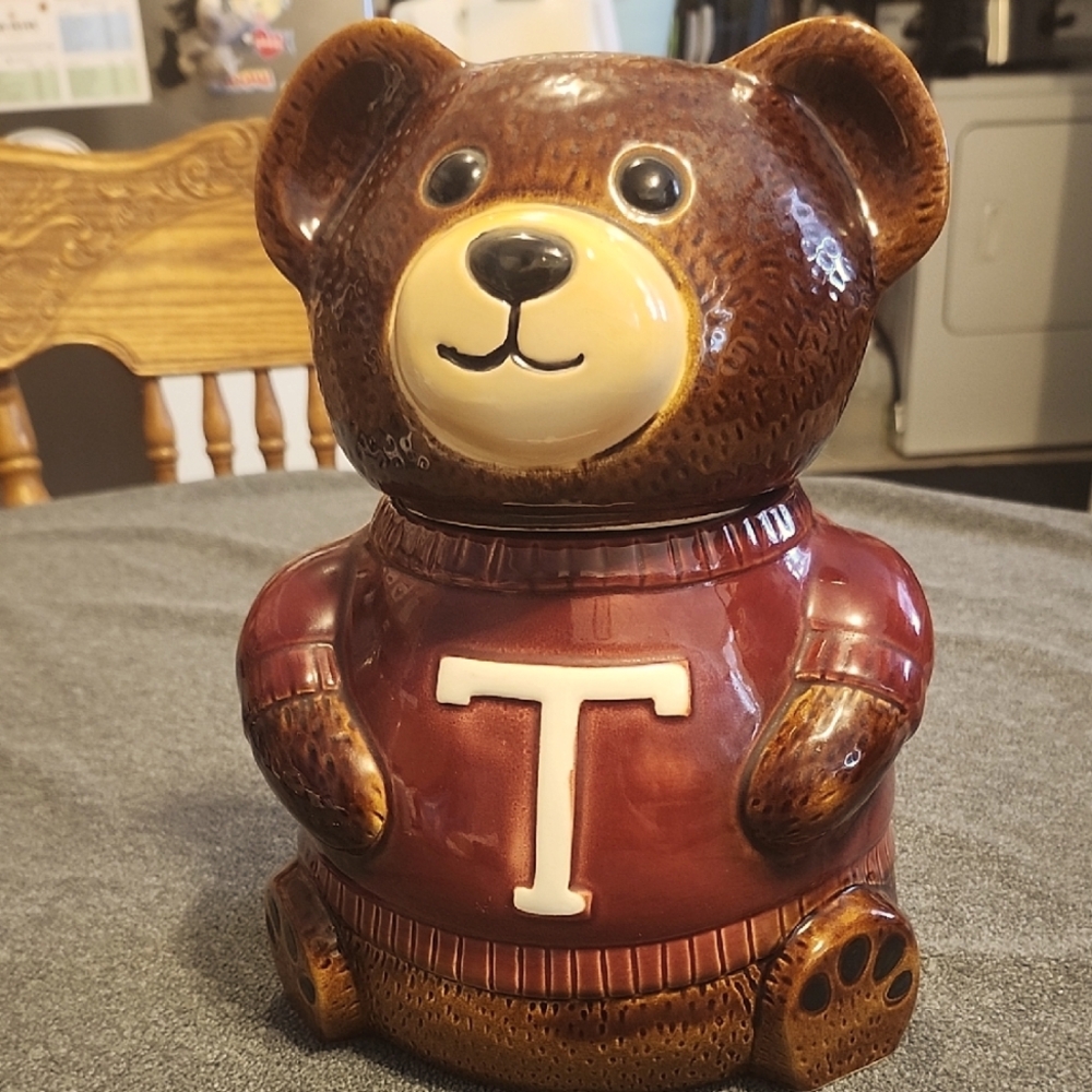 Vintage Brown Bear Cookie Jar with T Sweater - Texas A&M